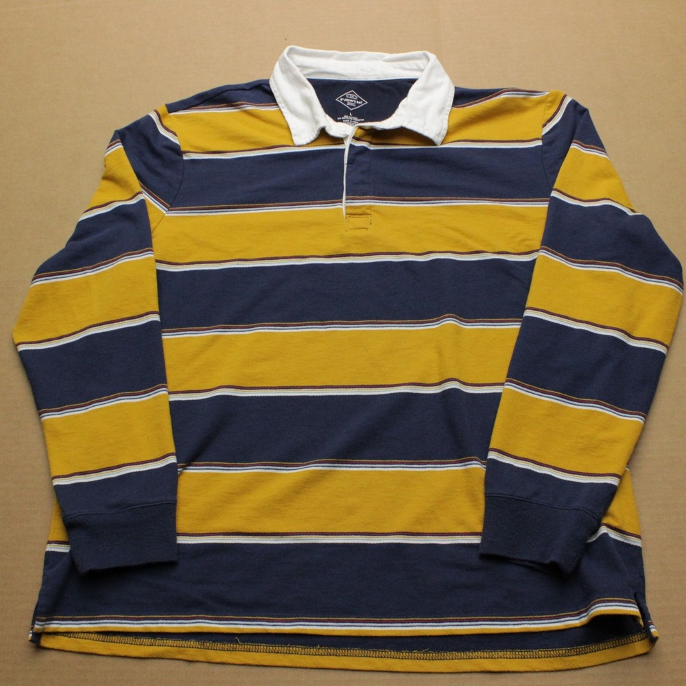 St. John's Bay Rugby Shirt Men Large Navy Gold Striped Long Sleeve Cotton Blend